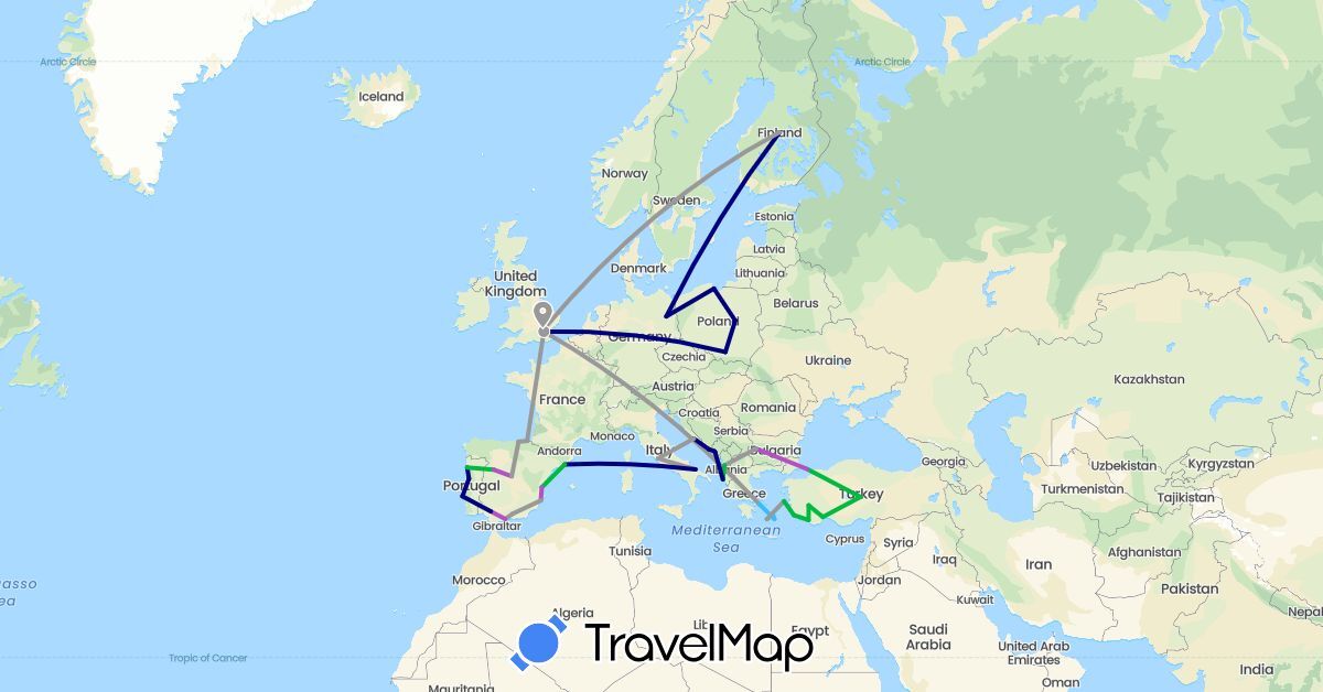 TravelMap itinerary: driving, bus, plane, train, boat in Albania, Bulgaria, Germany, Spain, Finland, United Kingdom, Greece, Croatia, Italy, Montenegro, Poland, Portugal, Turkey (Asia, Europe)